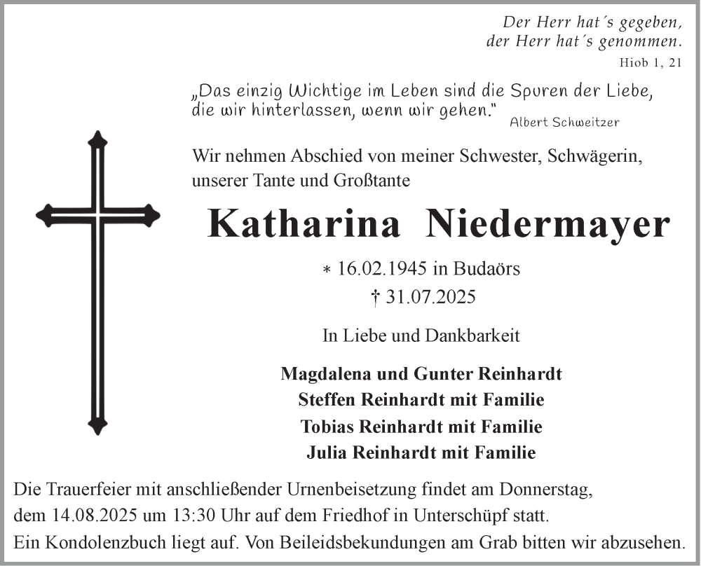  Traueranzeige für Katharina Niedermayer vom 09.08.2025 aus Fränkische Nachrichten