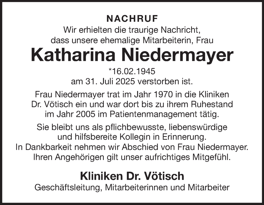  Traueranzeige für Katharina Niedermayer vom 13.08.2025 aus Fränkische Nachrichten