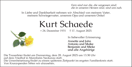 Traueranzeige von Kurt Schaede von Mannheimer Morgen