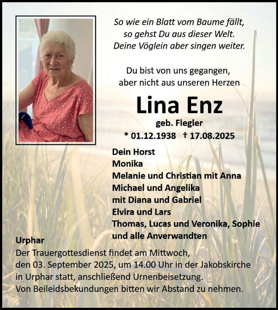  Traueranzeige für Lina Enz vom 30.08.2025 aus Fränkische Nachrichten
