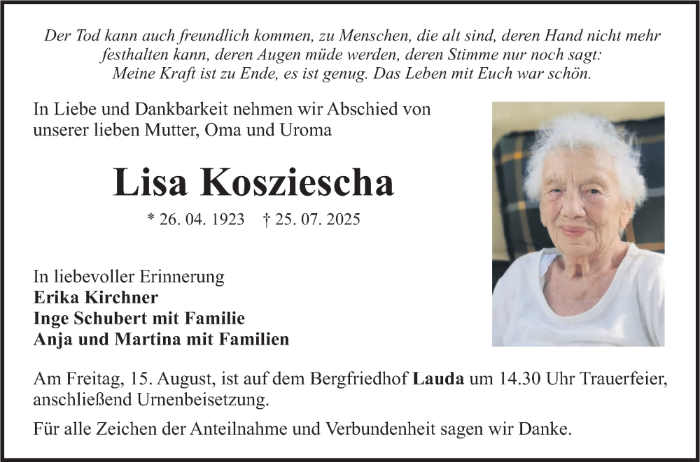  Traueranzeige für Lisa Kosziescha vom 09.08.2025 aus Fränkische Nachrichten