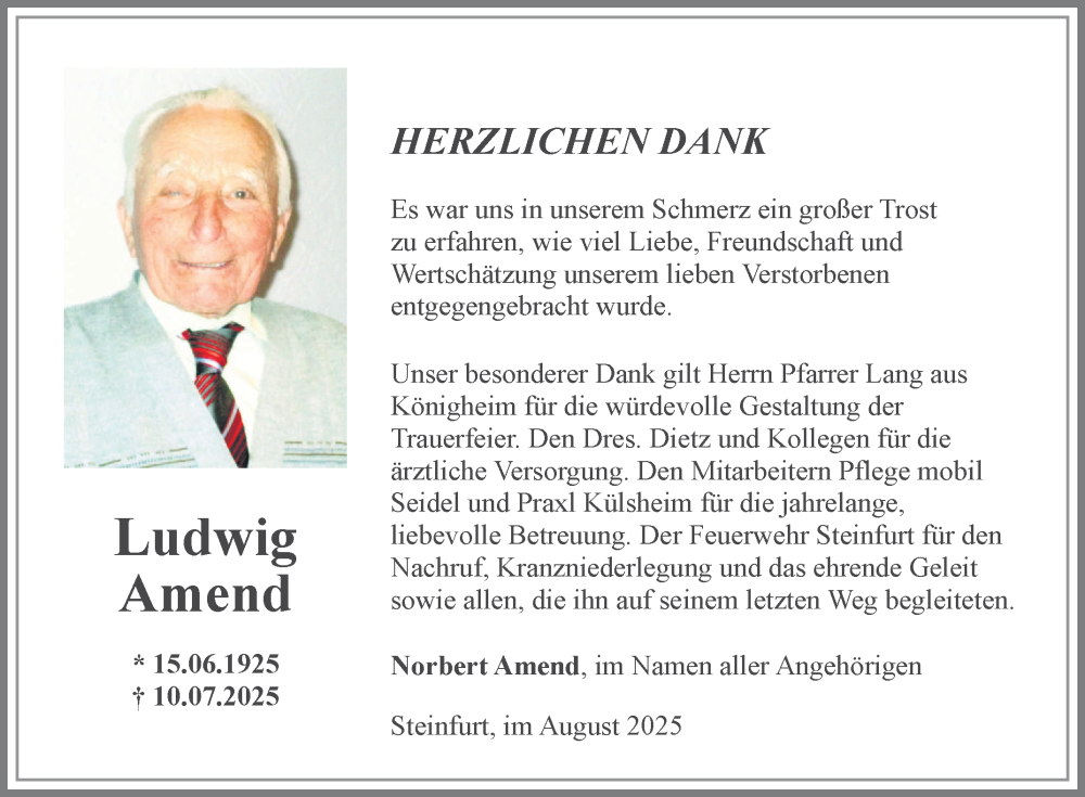  Traueranzeige für Ludwig Amend vom 02.08.2025 aus Fränkische Nachrichten