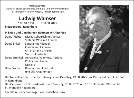 Traueranzeige von Ludwig Wamser von Fränkische Nachrichten