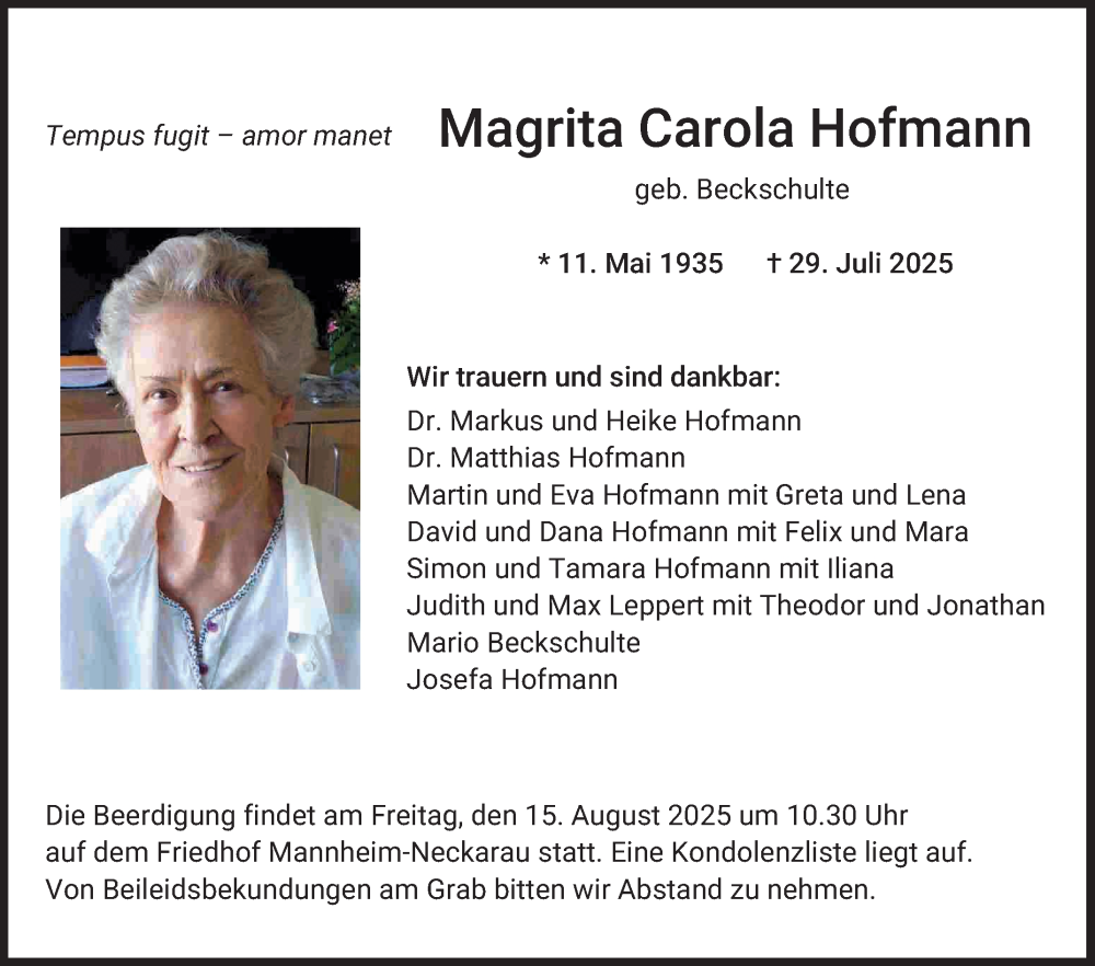  Traueranzeige für Magrita Carola Hofmann vom 09.08.2025 aus Mannheimer Morgen