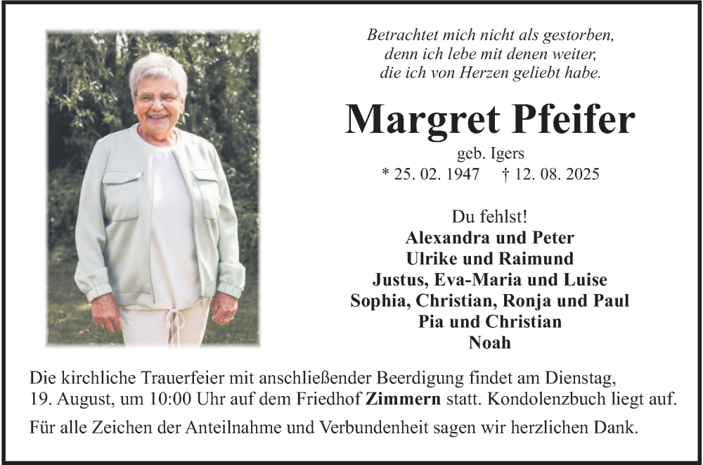  Traueranzeige für Margret Pfeifer vom 16.08.2025 aus Fränkische Nachrichten