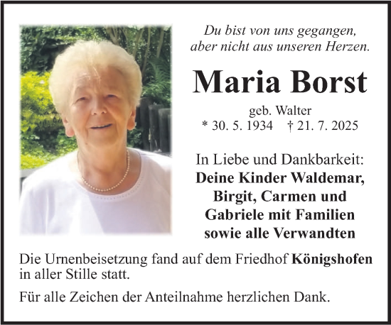 Traueranzeige von Maria Borst von Fränkische Nachrichten
