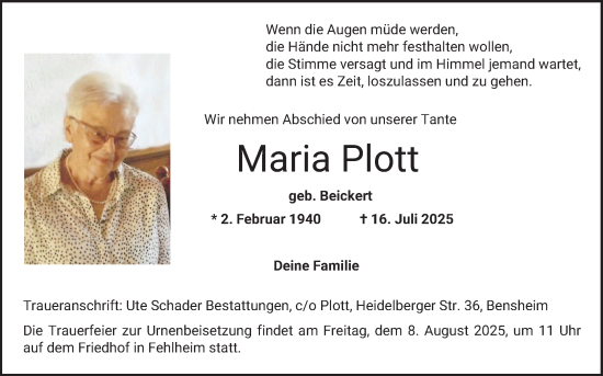 Traueranzeige von Maria Plott von Bergsträßer Anzeiger