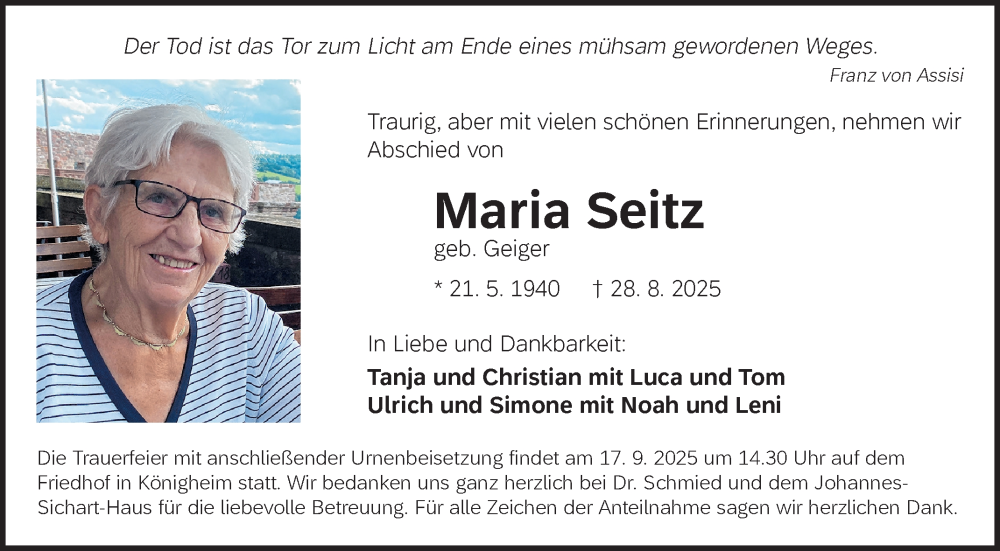  Traueranzeige für Maria Seitz vom 30.08.2025 aus Fränkische Nachrichten