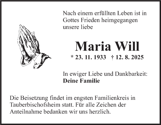 Traueranzeige von Maria Will von Fränkische Nachrichten