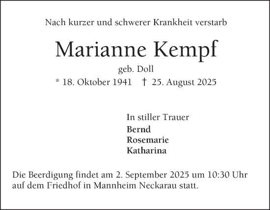Traueranzeige von Marianne Kempf von Mannheimer Morgen