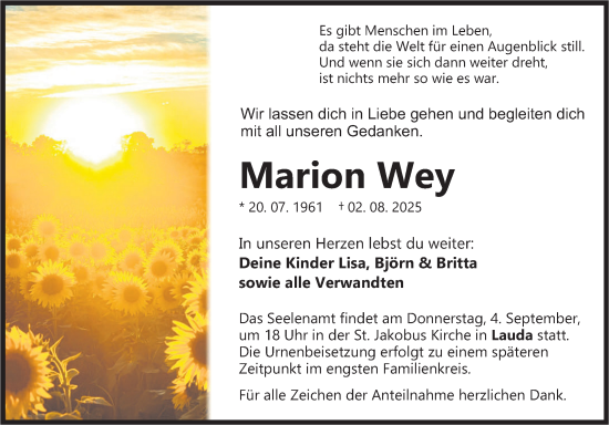 Traueranzeige von Marion Wey von Fränkische Nachrichten