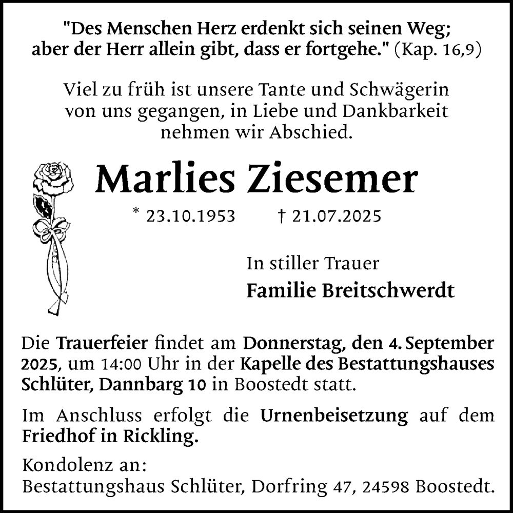  Traueranzeige für Marlies Ziesemer vom 09.08.2025 aus Mannheimer Morgen