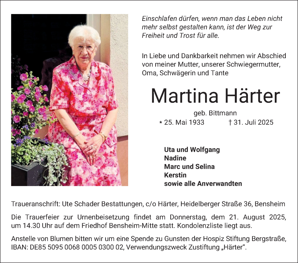  Traueranzeige für Martina Härter vom 16.08.2025 aus Bergsträßer Anzeiger