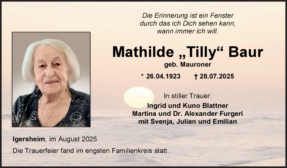  Traueranzeige für Mathilde Baur vom 14.08.2025 aus Fränkische Nachrichten