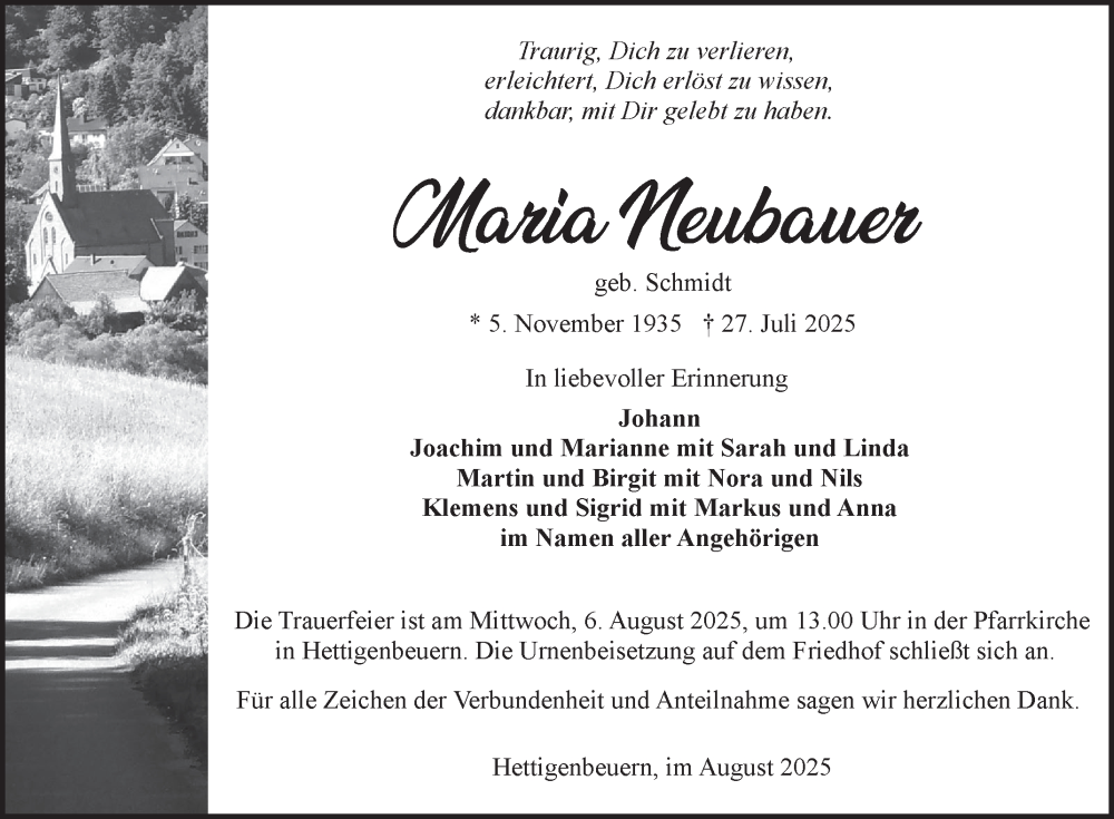  Traueranzeige für Mavia Neubauer vom 02.08.2025 aus Fränkische Nachrichten