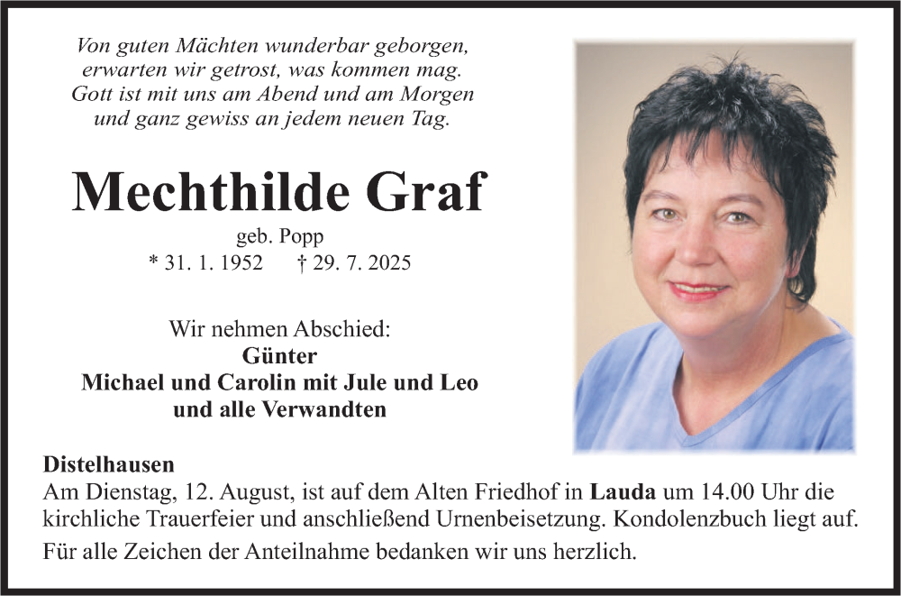  Traueranzeige für Mechthilde Graf vom 07.08.2025 aus Fränkische Nachrichten