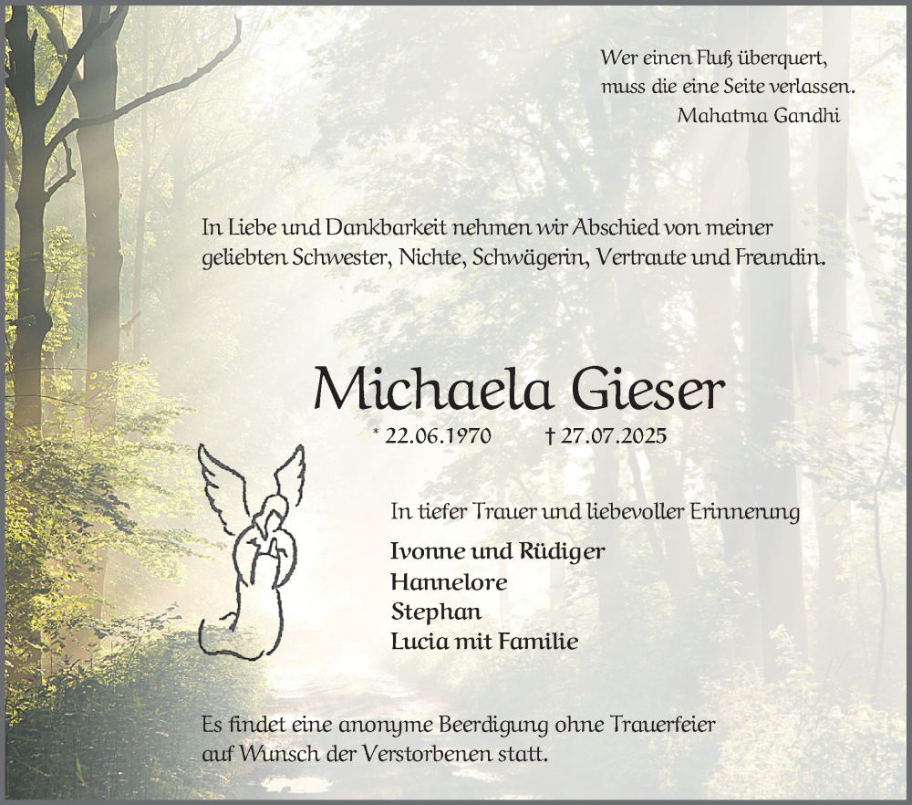  Traueranzeige für Michaela Gieser vom 02.08.2025 aus Mannheimer Morgen