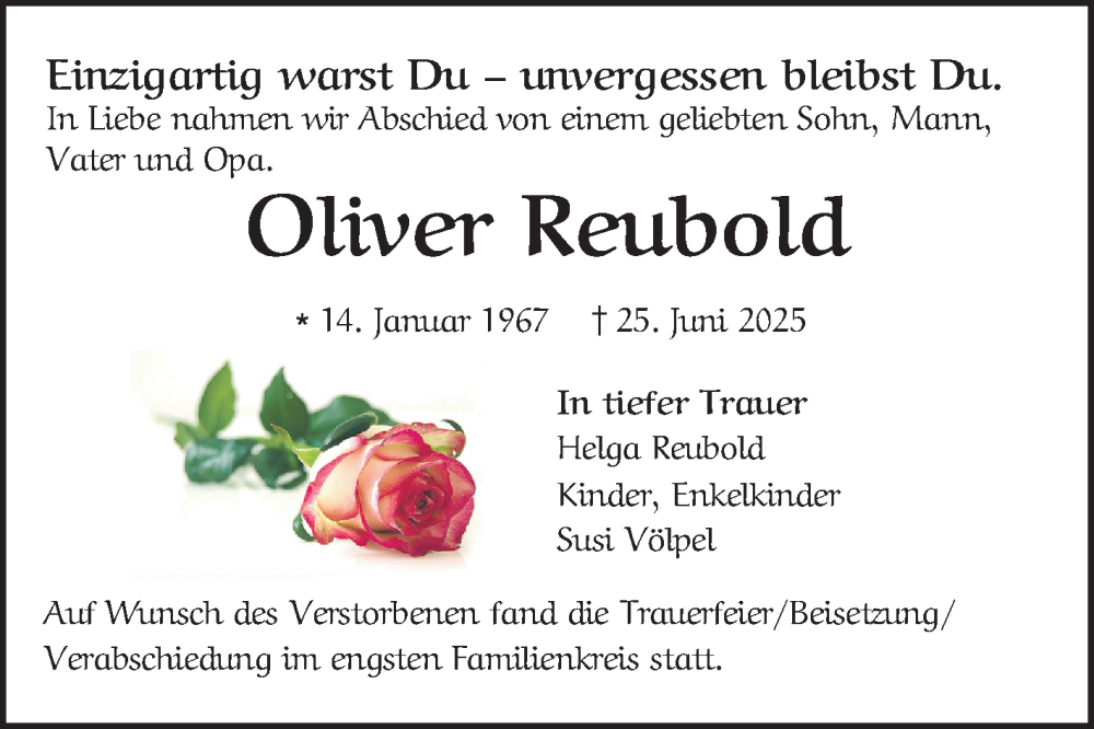  Traueranzeige für Oliver Reubold vom 16.08.2025 aus Mannheimer Morgen