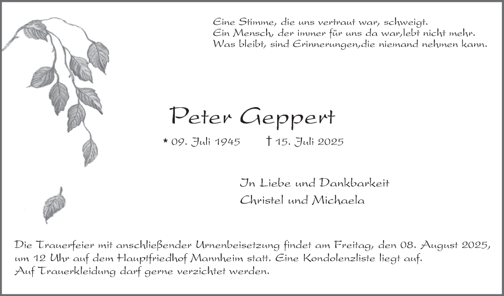 Traueranzeige für Peter Geppert vom 02.08.2025 aus Mannheimer Morgen