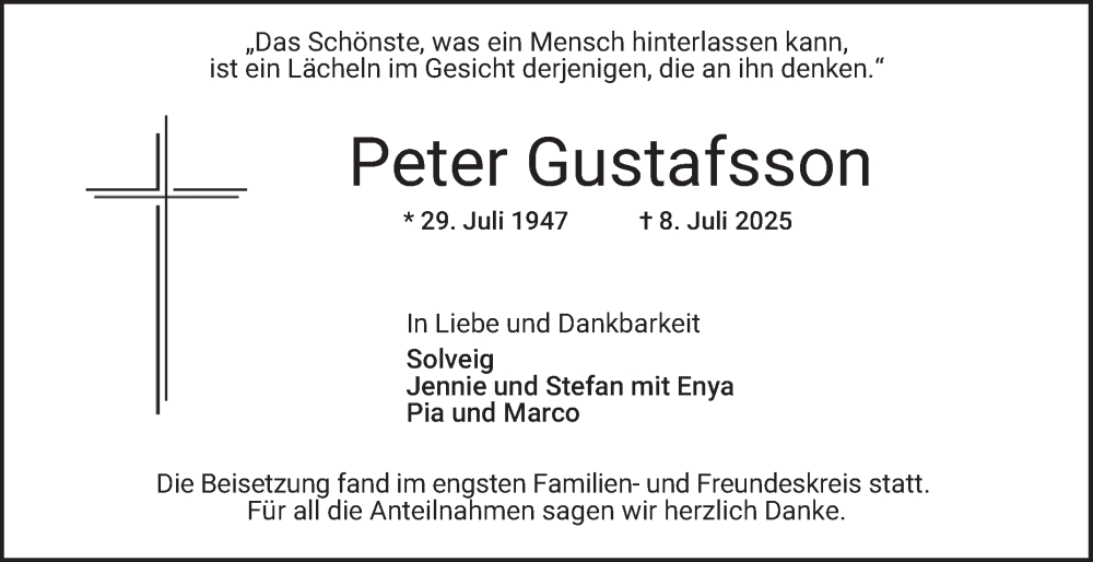  Traueranzeige für Peter Gustafsson vom 02.08.2025 aus Mannheimer Morgen