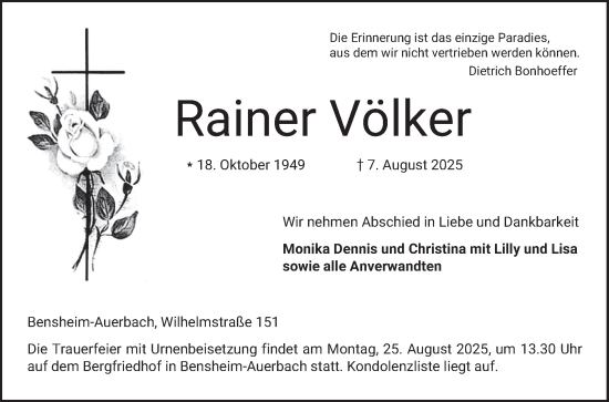 Traueranzeige von Rainer Völker von Bergsträßer Anzeiger