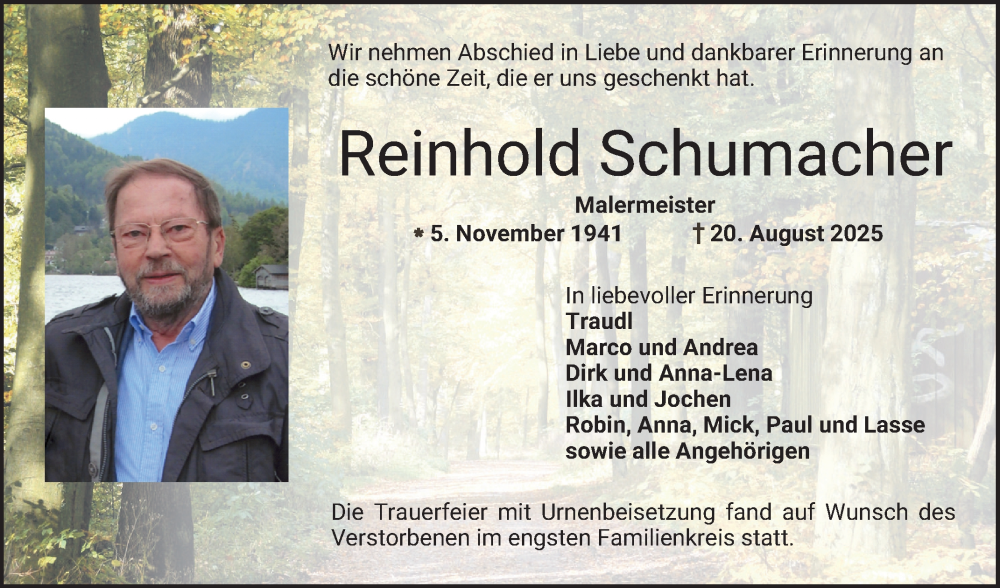  Traueranzeige für Reinhold Schumacher vom 30.08.2025 aus Bergsträßer Anzeiger