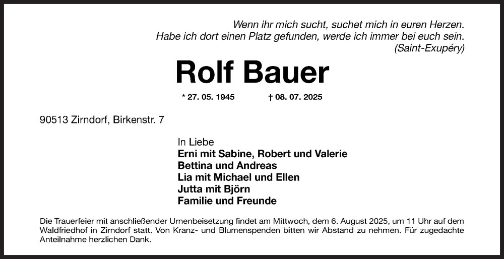  Traueranzeige für Rolf Bauer vom 02.08.2025 aus Mannheimer Morgen