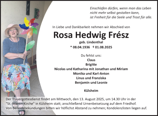 Traueranzeige von Rosa Hedwig Frész von Fränkische Nachrichten