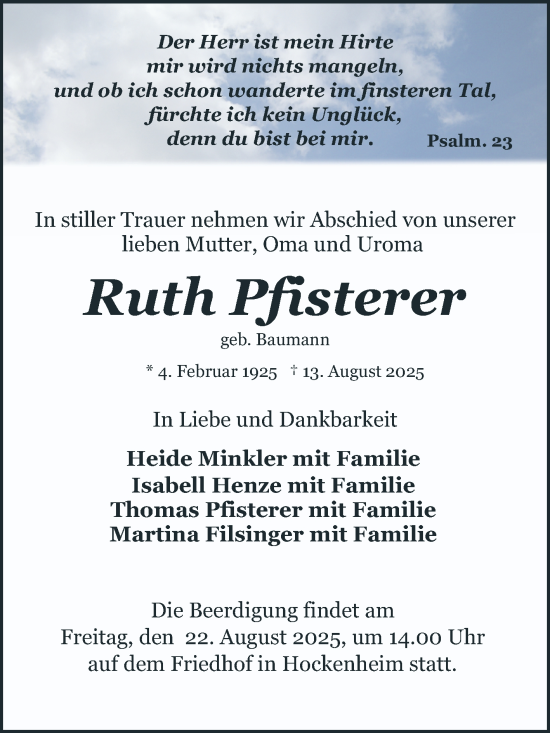 Traueranzeige von Ruth Pfisterer von Schwetzinger Zeitung