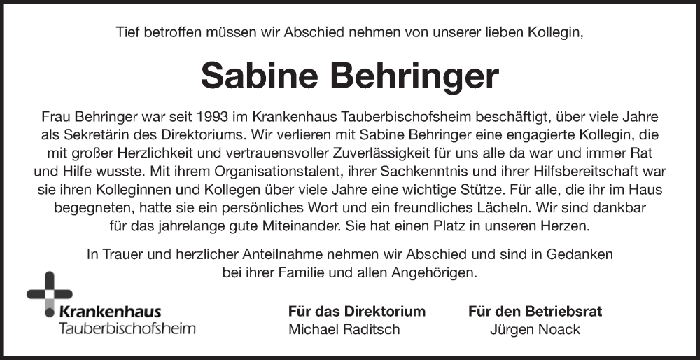  Traueranzeige für Sabine Behringer vom 20.08.2025 aus Fränkische Nachrichten