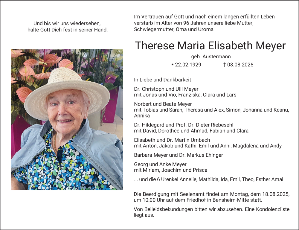  Traueranzeige für Therese Maria Elisabeth Meyer vom 16.08.2025 aus Bergsträßer Anzeiger