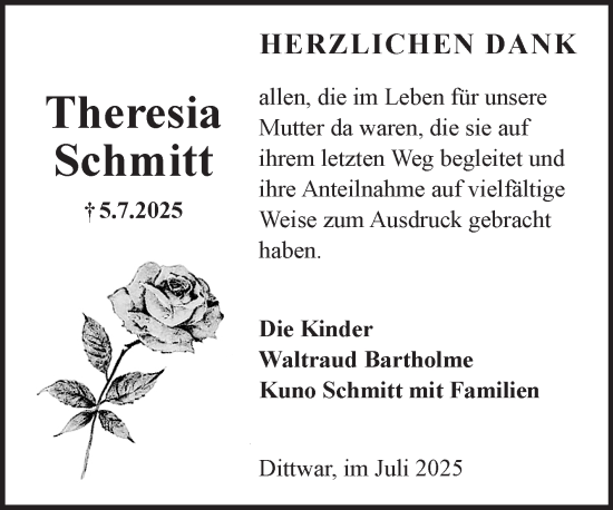 Traueranzeige von Theresia Schmitt von Fränkische Nachrichten