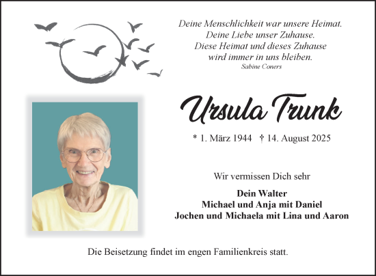 Traueranzeige von Ursula Trunk von Fränkische Nachrichten