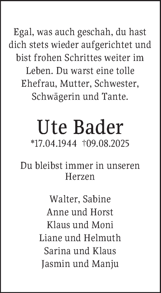  Traueranzeige für Ute Bader vom 23.08.2025 aus Mannheimer Morgen