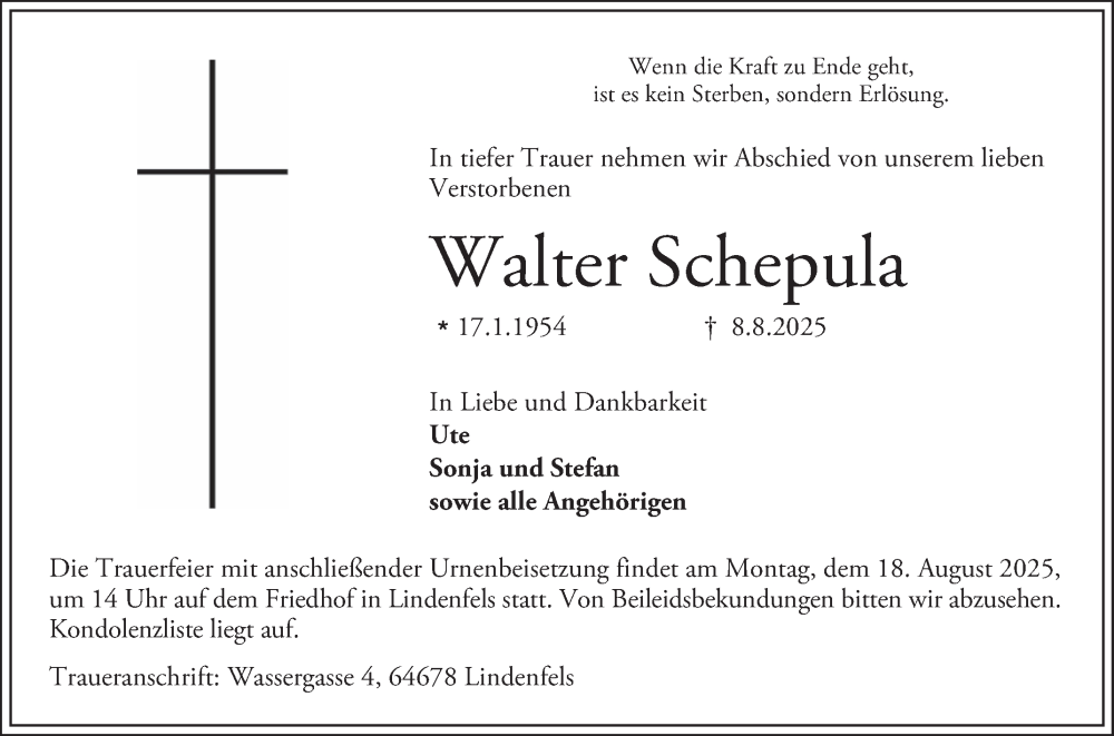  Traueranzeige für Walter Schepula vom 16.08.2025 aus Bergsträßer Anzeiger