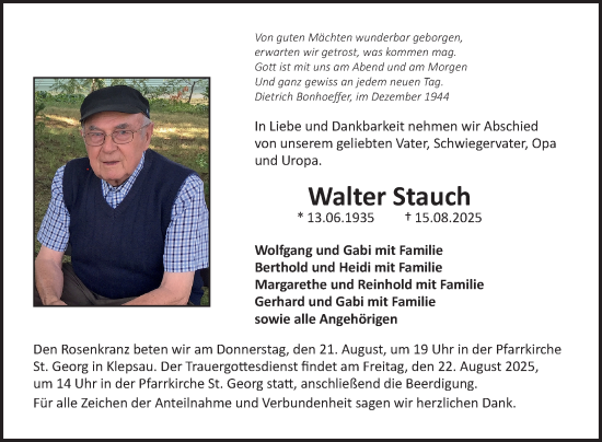 Traueranzeige von Walter Stauch von Fränkische Nachrichten