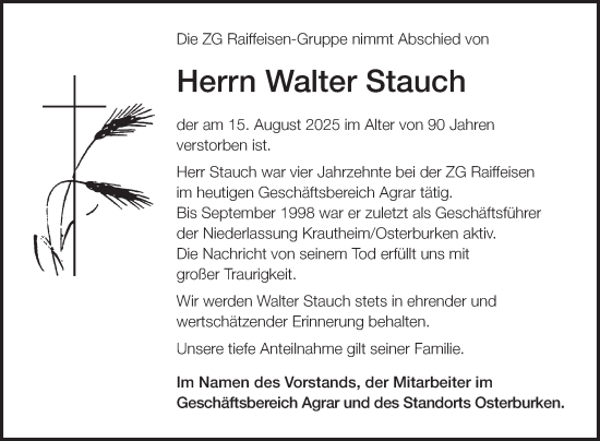 Traueranzeige von Walter Stauch von Fränkische Nachrichten