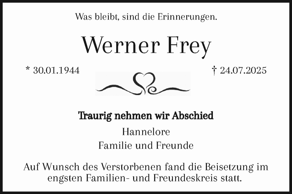  Traueranzeige für Werner Frey vom 23.08.2025 aus Mannheimer Morgen