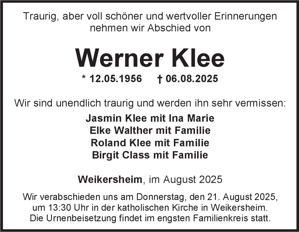  Traueranzeige für Werner Klee vom 19.08.2025 aus Fränkische Nachrichten