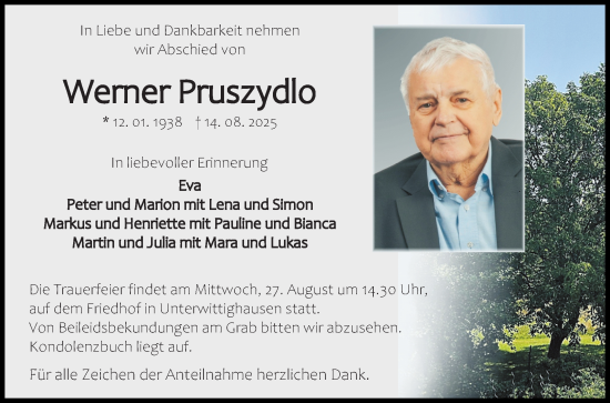 Traueranzeige von Werner Pruszydlo von Fränkische Nachrichten