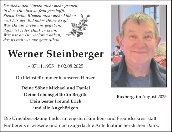 Traueranzeige von Werner Steinberger von Fränkische Nachrichten