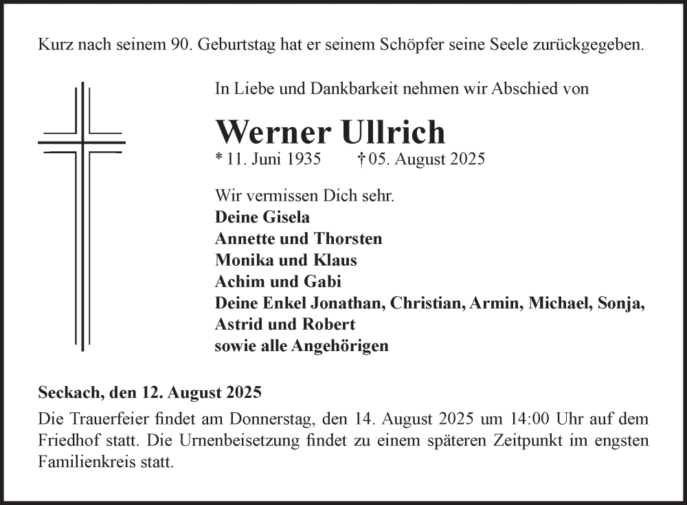  Traueranzeige für Werner Ullrich vom 12.08.2025 aus Fränkische Nachrichten