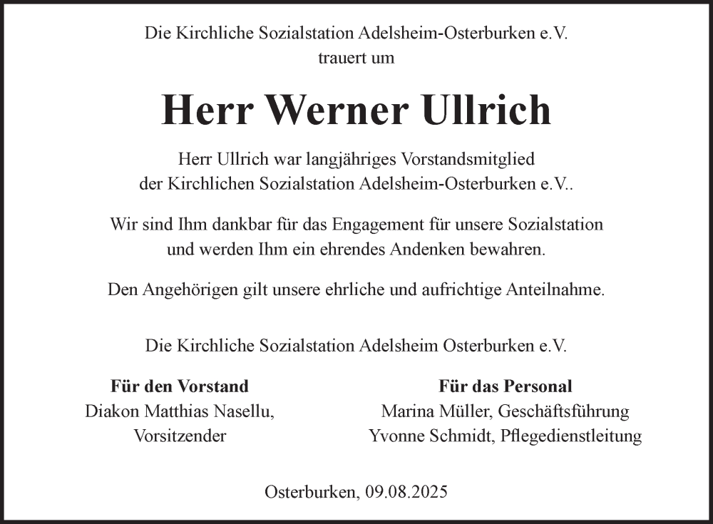  Traueranzeige für Werner Ullrich vom 12.08.2025 aus Fränkische Nachrichten