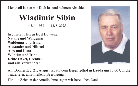Traueranzeige von Wladimir Sibin von Fränkische Nachrichten