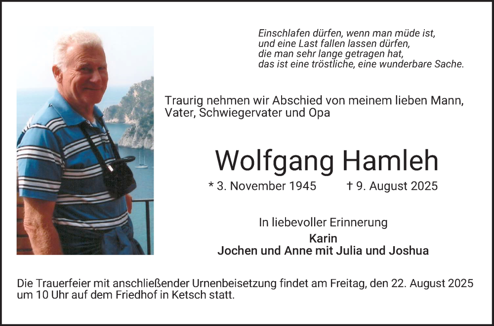  Traueranzeige für Wolfgang Hamleh vom 16.08.2025 aus Schwetzinger Zeitung