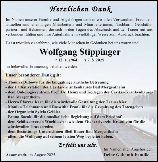 Traueranzeige von Wolfgang Stippinger von Fränkische Nachrichten