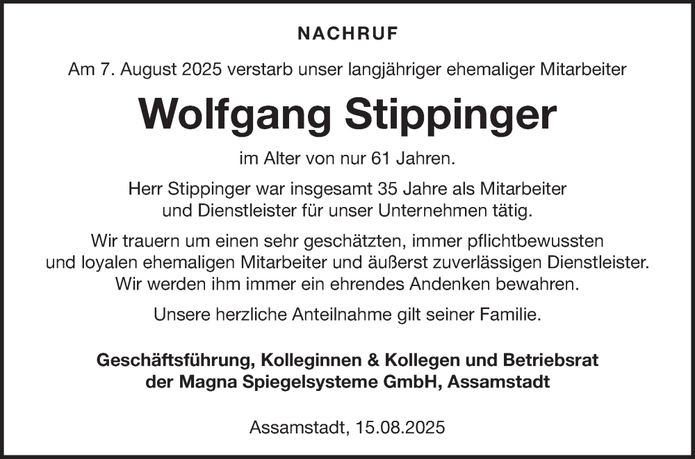  Traueranzeige für Wolfgang Stippinger vom 15.08.2025 aus Fränkische Nachrichten