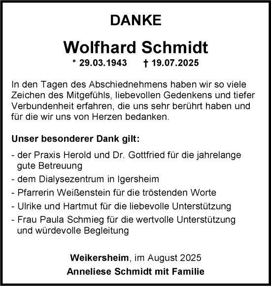 Traueranzeige von Wolfhard Schmidt von Fränkische Nachrichten