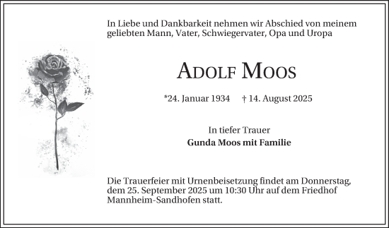 Traueranzeige von Adolf Moos von Mannheimer Morgen