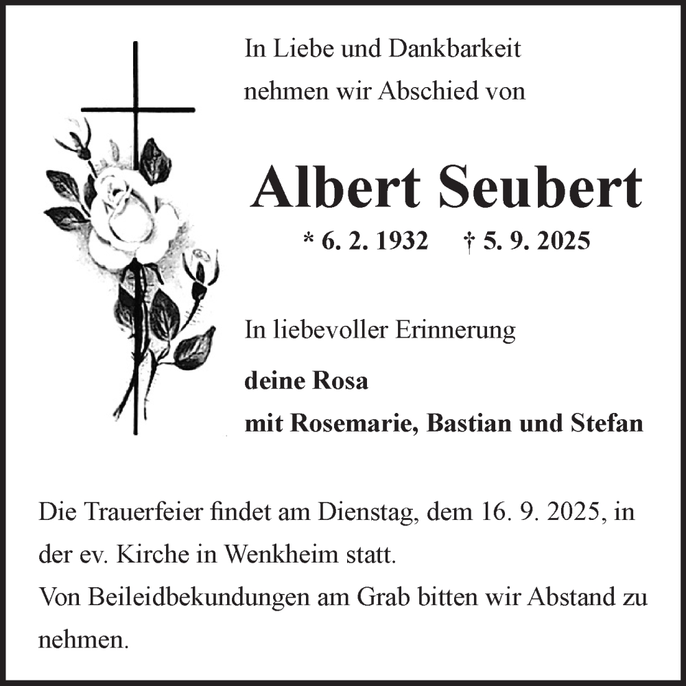  Traueranzeige für Albert Seubert vom 13.09.2025 aus Fränkische Nachrichten